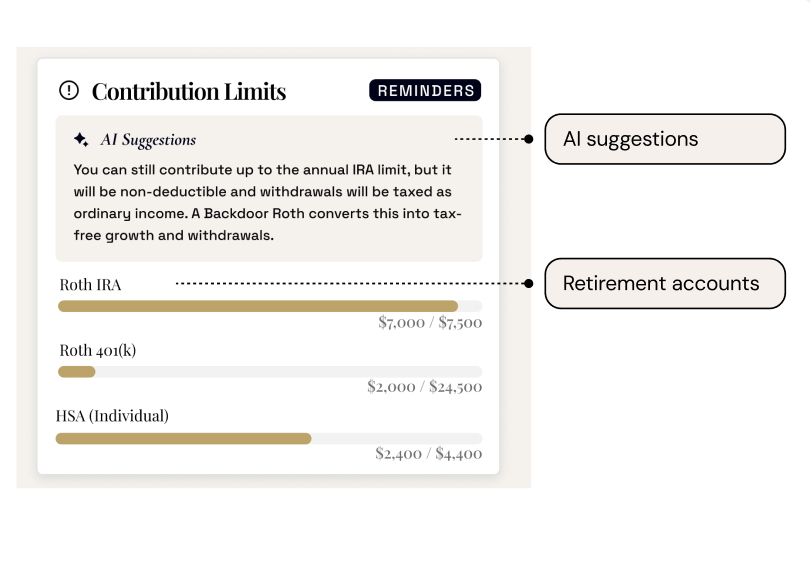 OptiTax contribution limits screen with AI suggestions and retirement accounts